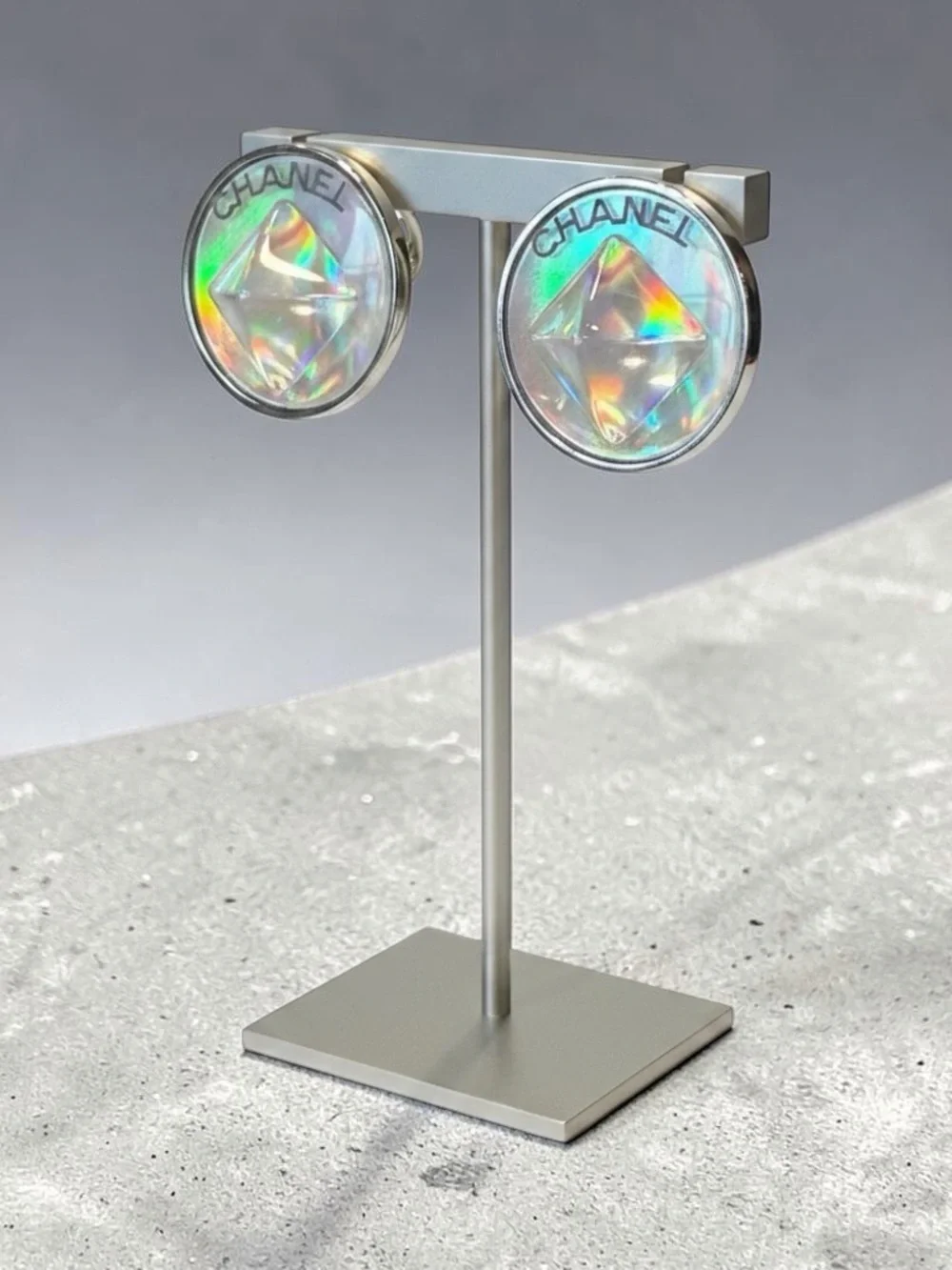 CHANEL Silver-Tone Clip-On Earrings with Iridescent Holographic Centers